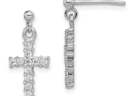 Sterling Silver Rhodium-plated Polished CZ Cross Post Dangle Earrings (Style QE12942)
