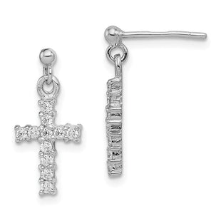 Sterling Silver Rhodium-plated Polished CZ Cross Post Dangle Earrings (Style QE12942)
