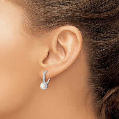 Sterling Silver Rhodium-plated White Button Freshwater Cultured Pearl and CZ Halo Leverback Dangle Earrings