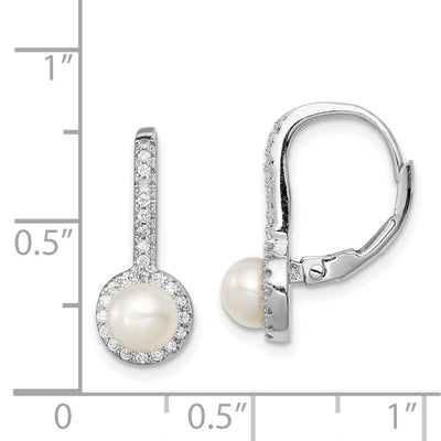 Sterling Silver Rhodium-plated White Button Freshwater Cultured Pearl and CZ Halo Leverback Dangle Earrings
