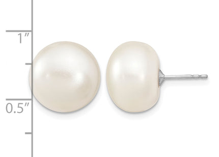 Sterling Silver Rhodium-plated 13- White Button Freshwater Cultured Pearl Post Earrings