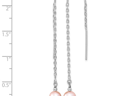 Sterling Silver Rhodium-plated 6- Pink Semi-Round Freshwater Cultured Pearl Threader Earrings