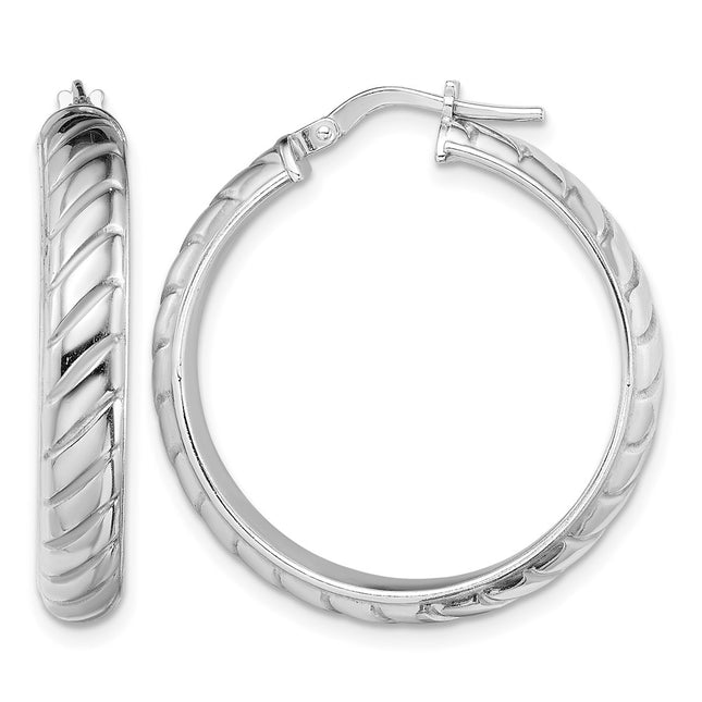 Sterling Silver Rhodium-plated Polished Textured Hoops, 25 x 5mm