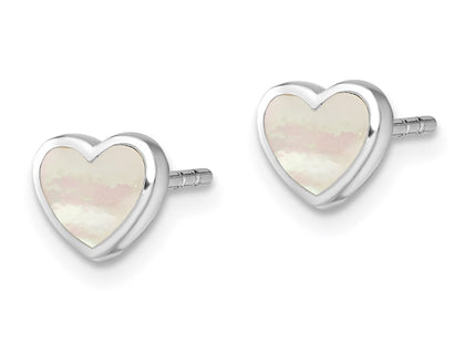 Sterling Silver Rhodium-plated Mother of Pearl Heart Post Earrings (Style QE13392)