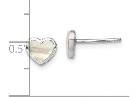 Sterling Silver Rhodium-plated Mother of Pearl Heart Post Earrings (Style QE13392)