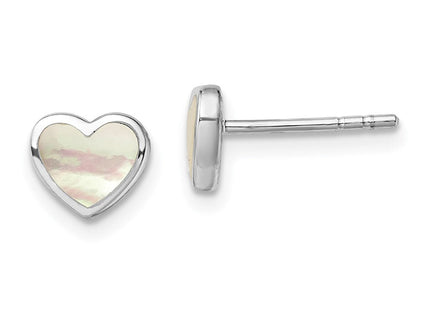 Sterling Silver Rhodium-plated Mother of Pearl Heart Post Earrings (Style QE13392)
