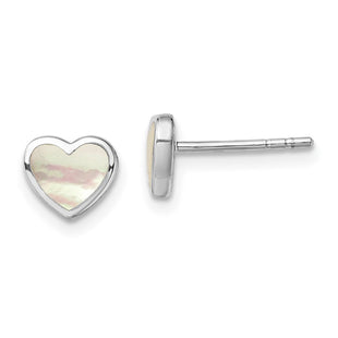 Sterling Silver Rhodium-plated Mother of Pearl Heart Post Earrings (Style QE13392)