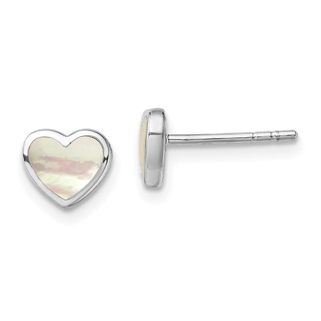 Sterling Silver Rhodium-plated Mother of Pearl Heart Post Earrings, 6.85 x 7.5mm