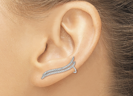 Sterling Silver Polished CZ Double Row Post & Cuff Ear Climber Earrings