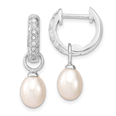 Sterling Silver Rhodium-plated Black and White Rice Freshwater Cultured Pearl and CZ Interchangeable Post Earrings Set, 25.5 x 4mm