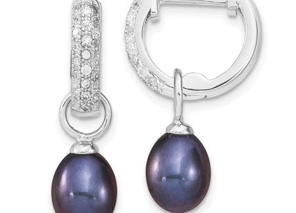 Sterling Silver Rhodium-plated 7- Black and White Rice Freshwater Cultured Pearl and CZ Interchangeable Post Earrings Set (Style QE13838SET)