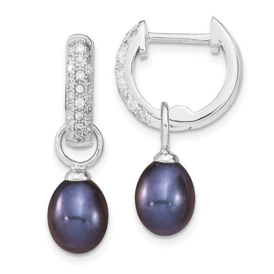 Sterling Silver Rhodium-plated Black and White Rice Freshwater Cultured Pearl and CZ Interchangeable Post Earrings Set, 25.5 x 4mm