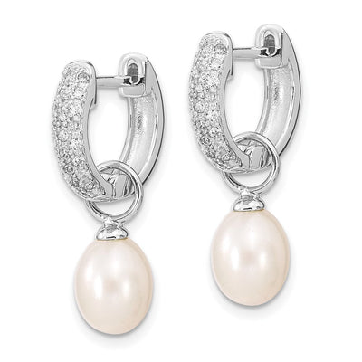 Sterling Silver Rhodium-plated Black and White Rice Freshwater Cultured Pearl and CZ Interchangeable Post Earrings Set, 25.5 x 4mm