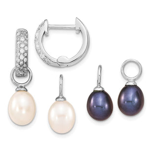 Sterling Silver Rhodium-plated 7- Black and White Rice Freshwater Cultured Pearl and CZ Interchangeable Post Earrings Set (Style QE13838SET)