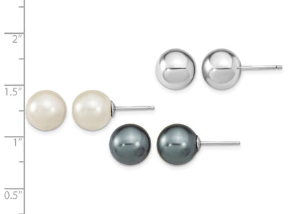 Sterling Silver Rhodium-plated 10- White and Grey 10- Round Imitation Shell Pearl and Ball Stet of 3 Post Earrings