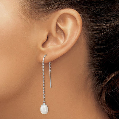 Sterling Silver Rhodium-plated White Teardrop Freshwater Cultured Pearl Threader Earrings, 57 x 7 to 8mm