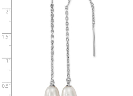 Sterling Silver Rhodium-plated 7- White Teardrop Freshwater Cultured Pearl Threader Earrings, 57 x 7 to 8mm
