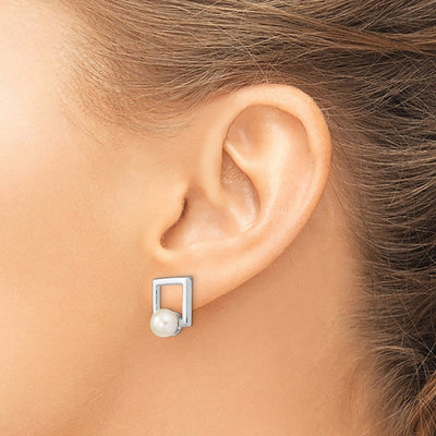 Sterling Silver Rhodium-plated White Button Freshwater Cultured Pearl Square Post Earrings, 14.53 x 11.45mm