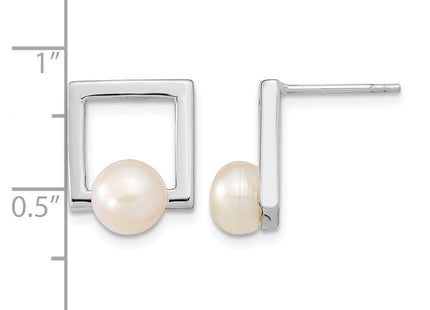 Sterling Silver Rhodium-plated 6- White Button Freshwater Cultured Pearl Square Post Earrings, 14.53 x 11.45mm