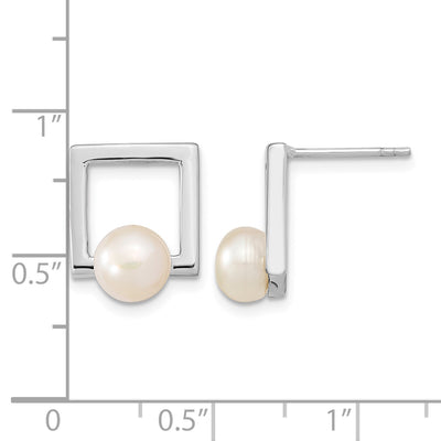Sterling Silver Rhodium-plated White Button Freshwater Cultured Pearl Square Post Earrings, 14.53 x 11.45mm
