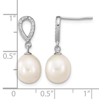 Sterling Silver Rhodium-plated White Rice Freshwater Cultured Pearl and CZ Post Dangle Earrings, 19 x 8 to 9mm
