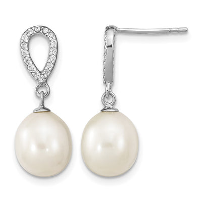 Sterling Silver Rhodium-plated White Rice Freshwater Cultured Pearl and CZ Post Dangle Earrings, 19 x 8 to 9mm