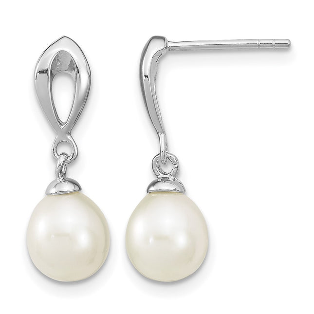 Sterling Silver Rhodium-plated 7- White Rice Freshwater Cultured Pearl Post Dangle Earrings, 19 x 7 to 8mm