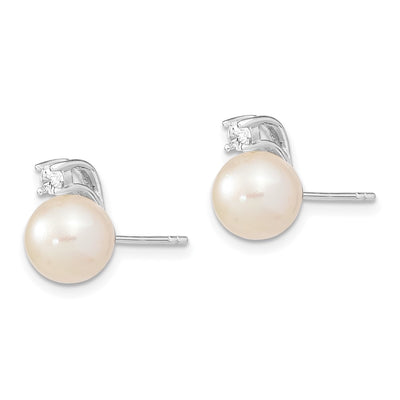Sterling Silver Rhodium-plated White Semi-Round Freshwater Cultured Pearl and CZ Post Earrings