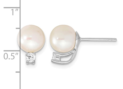 Sterling Silver Rhodium-plated 8- White Semi-Round Freshwater Cultured Pearl and CZ Post Earrings