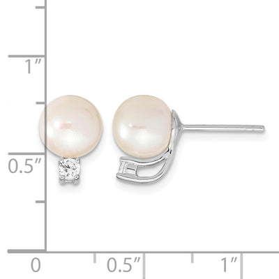 Sterling Silver Rhodium-plated White Semi-Round Freshwater Cultured Pearl and CZ Post Earrings