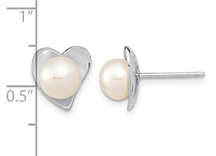 Sterling Silver Rhodium-plated 7- White Button Freshwater Cultured Pearl Heart Post Earrings