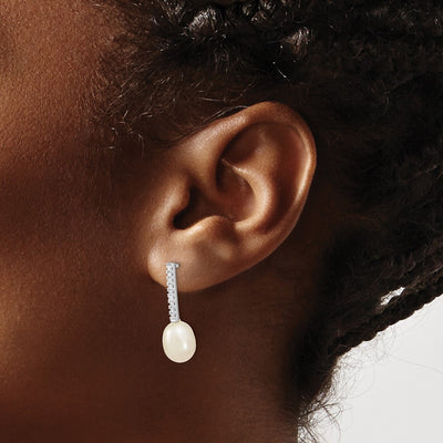 Sterling Silver Rhodium-plated White Rice Freshwater Cultured Pearl and CZ Post Dangle Earrings, 25.5 x 8 to 9mm