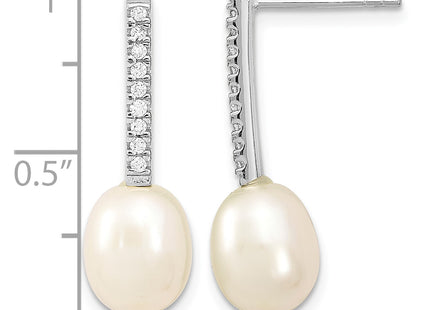 Sterling Silver Rhodium-plated 8- White Rice Freshwater Cultured Pearl and CZ Post Dangle Earrings, 25.5 x 8 to 9mm