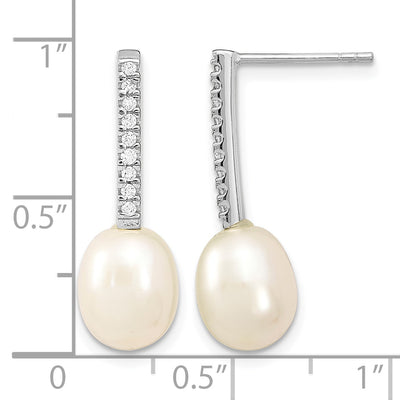 Sterling Silver Rhodium-plated White Rice Freshwater Cultured Pearl and CZ Post Dangle Earrings, 25.5 x 8 to 9mm