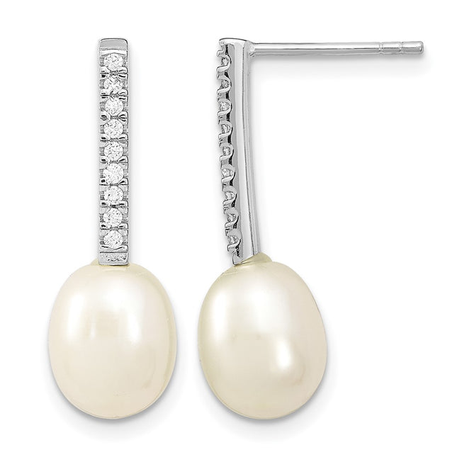 Sterling Silver Rhodium-plated 8- White Rice Freshwater Cultured Pearl and CZ Post Dangle Earrings, 25.5 x 8 to 9mm