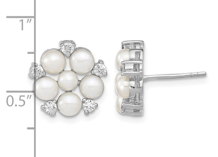 Sterling Silver Rhodium-plated 3- White Button Freshwater Cultured Pearl and CZ Flower Post Earrings