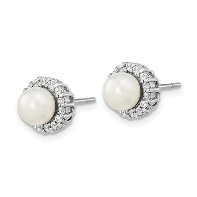 Sterling Silver Rhodium-plated CZ Synthetic Pearl Post Earrings