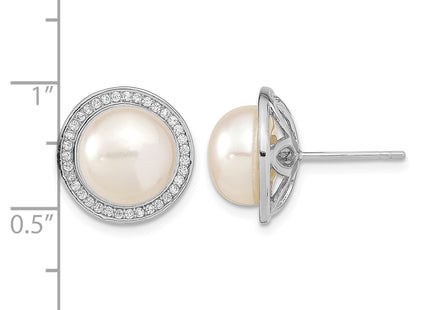 Sterling Silver Rhodium-plated 10- White Button Freshwater Cultured Pearl and CZ Post Earrings