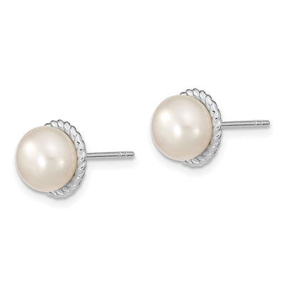 Sterling Silver Rhodium-plated White Button Freshwater Cultured Pearl Post Earrings, 10.35 x 10.35mm