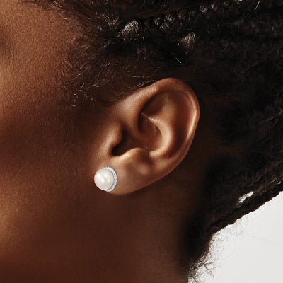 Sterling Silver Rhodium-plated White Button Freshwater Cultured Pearl Post Earrings, 10.35 x 10.35mm
