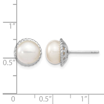 Sterling Silver Rhodium-plated White Button Freshwater Cultured Pearl Post Earrings, 10.35 x 10.35mm