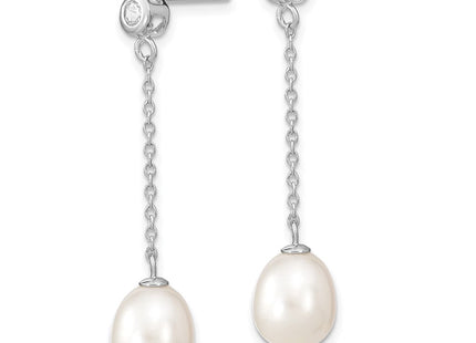 Sterling Silver Rhodium-plated 8- White Rice Freshwater Cultured Pearl and CZ Post Dangle Earrings (Style QE13873)