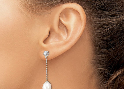 Sterling Silver Rhodium-plated 8- White Rice Freshwater Cultured Pearl and CZ Post Dangle Earrings (Style QE13873)