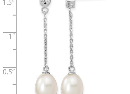 Sterling Silver Rhodium-plated 8- White Rice Freshwater Cultured Pearl and CZ Post Dangle Earrings, 38 x 8 to 9mm