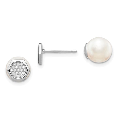 Sterling Silver Rhodium-plated Polished White Imititation Shell Pearl & CZ Hexagon Reversible Post Earrings