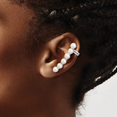 Sterling Silver Rhodium-plated White Button Freshwater Cultured Pearl Post Ear Climber and Cuff Earrings