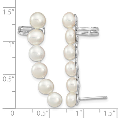 Sterling Silver Rhodium-plated White Button Freshwater Cultured Pearl Post Ear Climber and Cuff Earrings