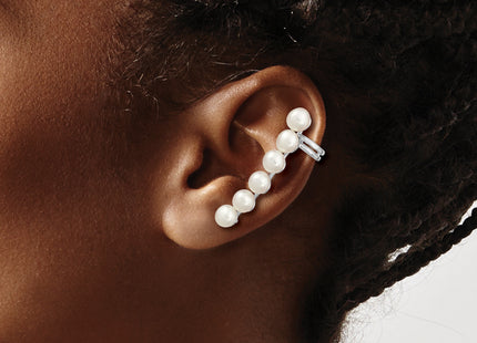 Sterling Silver Rhodium-plated 5- White Button Freshwater Cultured Pearl Post Ear Climber and Cuff Earrings