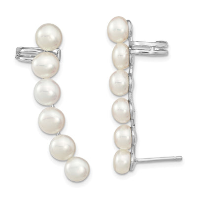 Sterling Silver Rhodium-plated White Button Freshwater Cultured Pearl Post Ear Climber and Cuff Earrings