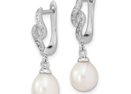 Sterling Silver Rhodium-plated 7- White Teardrop Freshwater Cultured Pearl and CZ Dangle Leverback Earrings (Style QE13889)
